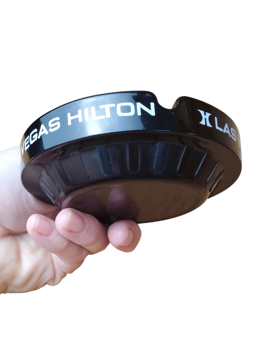 Vintage Las Vegas Hilton Black Glass Ashtray - 70s Casino Memorabilia